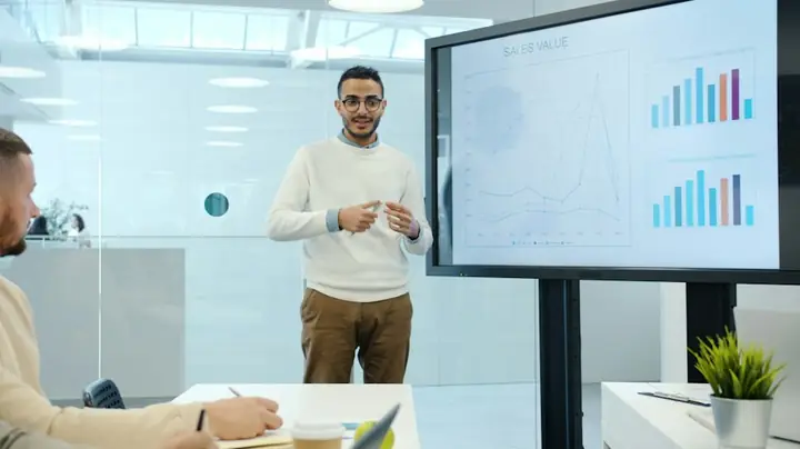 Advisor presenting financial charts to a business team